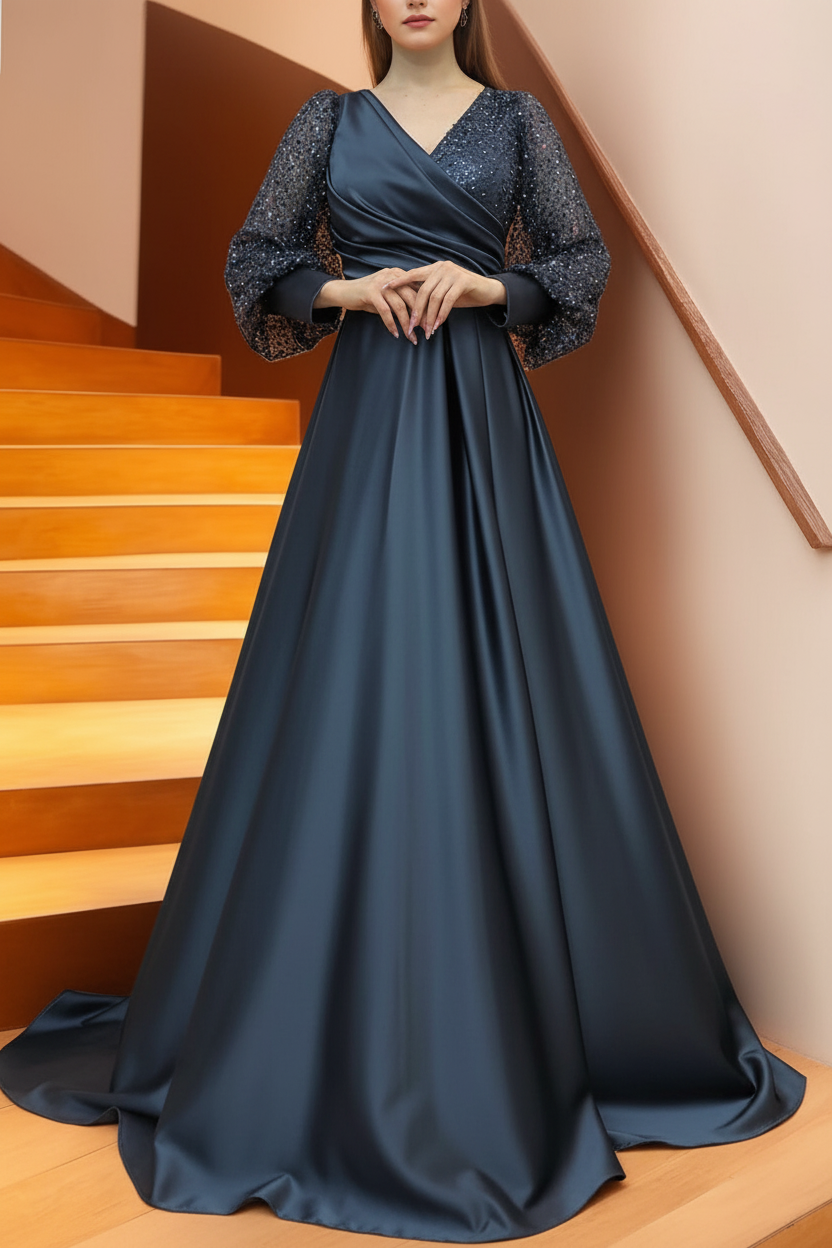 A Line/Princess V-Neck Long Sleeves Floor Length Long Mother of the Bride Dresses With Sequins & Ruffles