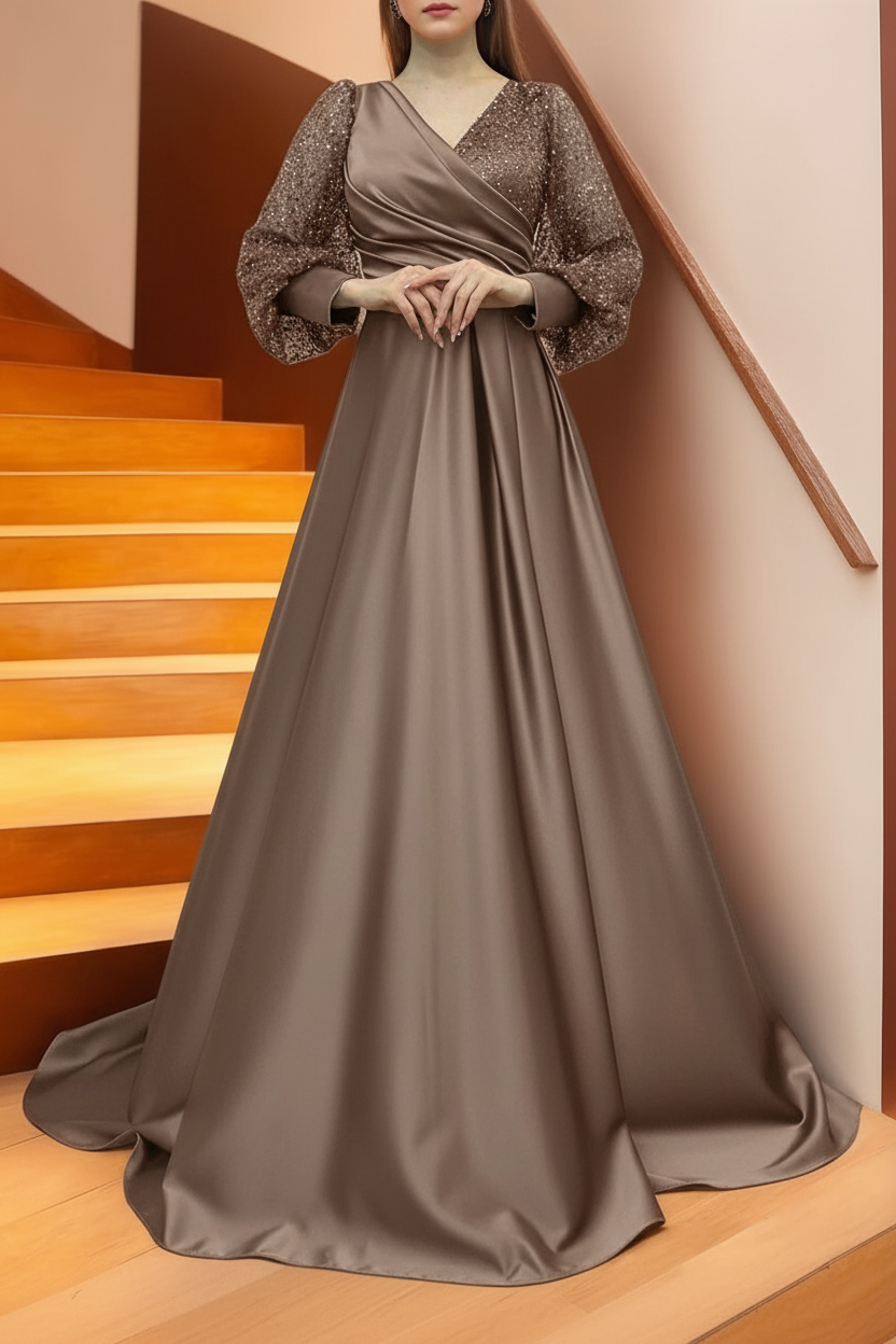 A Line/Princess V-Neck Long Sleeves Floor Length Long Mother of the Bride Dresses With Sequins & Ruffles