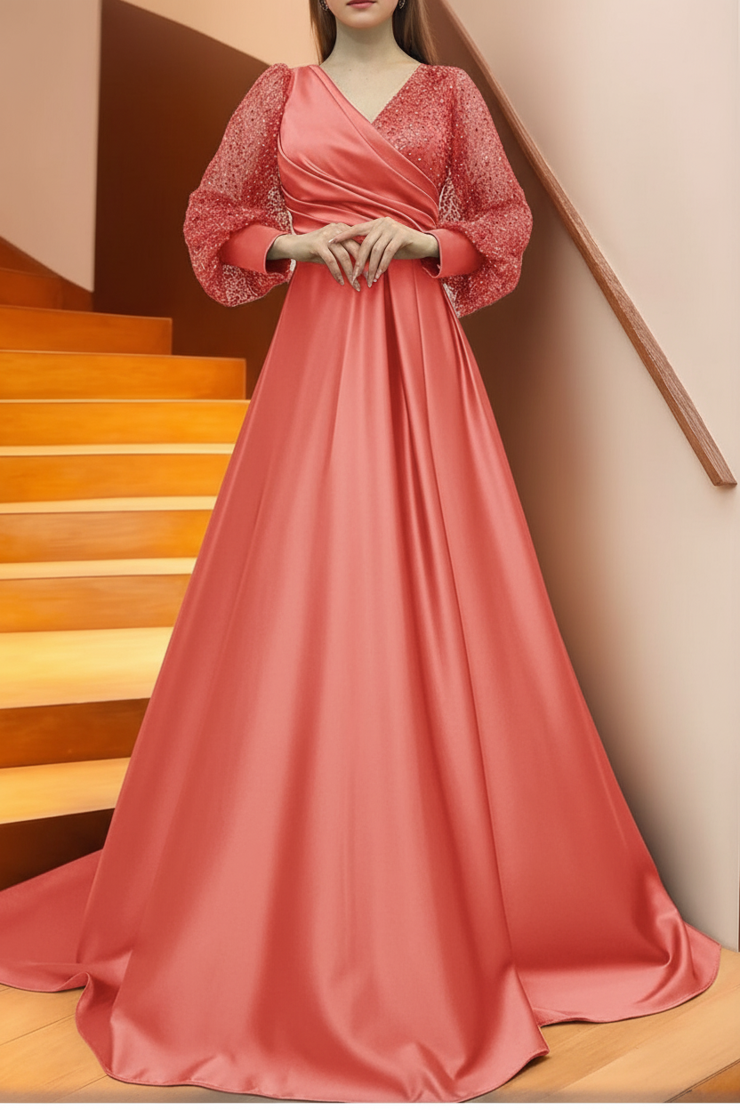 A Line/Princess V-Neck Long Sleeves Floor Length Long Mother of the Bride Dresses With Sequins & Ruffles