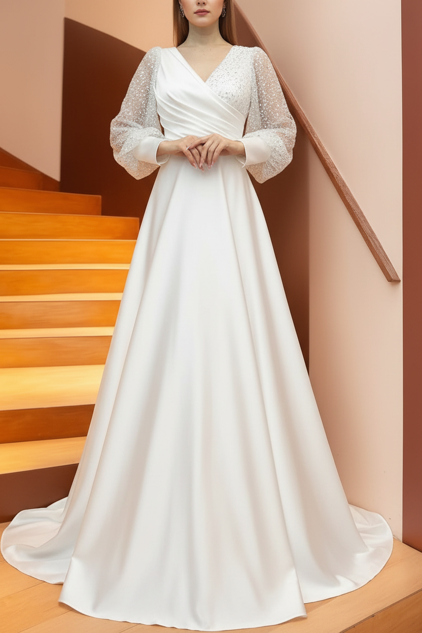 A Line/Princess V-Neck Long Sleeves Floor Length Long Mother of the Bride Dresses With Sequins & Ruffles