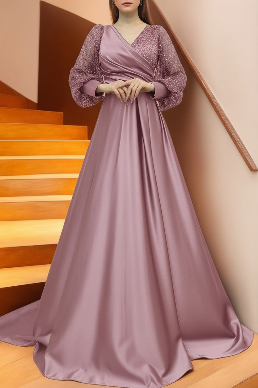 A Line/Princess V-Neck Long Sleeves Floor Length Long Mother of the Bride Dresses With Sequins & Ruffles