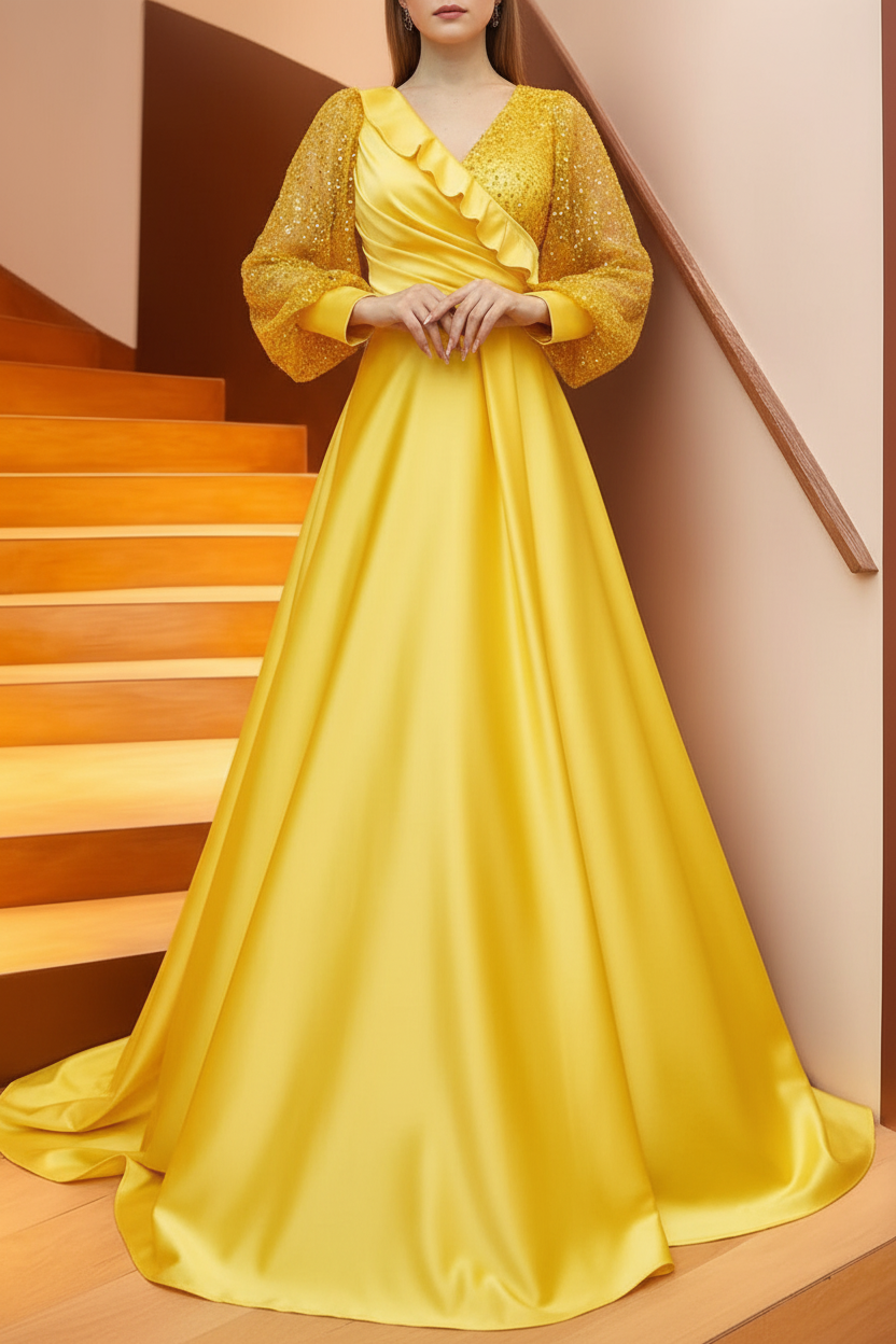 A Line/Princess V-Neck Long Sleeves Floor Length Long Mother of the Bride Dresses With Sequins & Ruffles