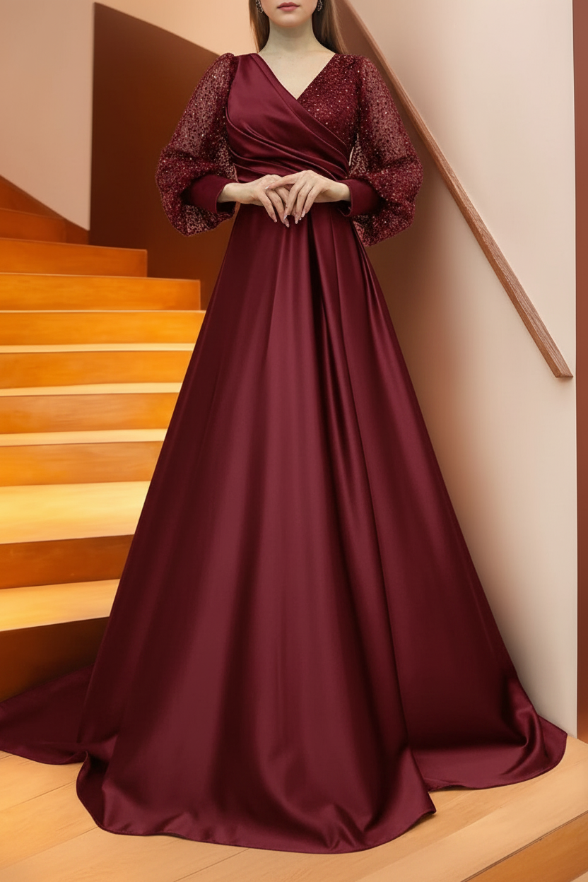 A Line/Princess V-Neck Long Sleeves Floor Length Long Mother of the Bride Dresses With Sequins & Ruffles