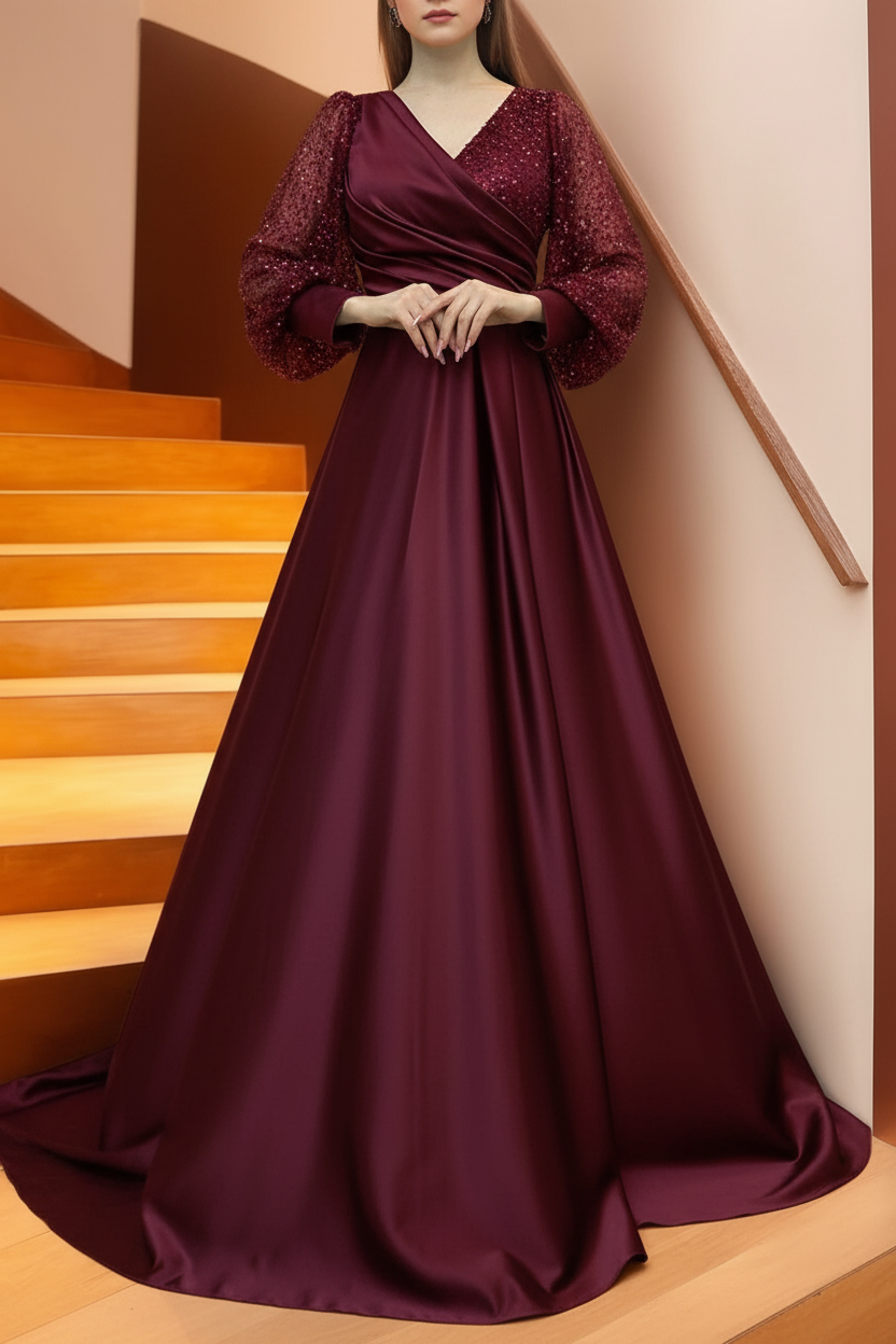 A Line/Princess V-Neck Long Sleeves Floor Length Long Mother of the Bride Dresses With Sequins & Ruffles