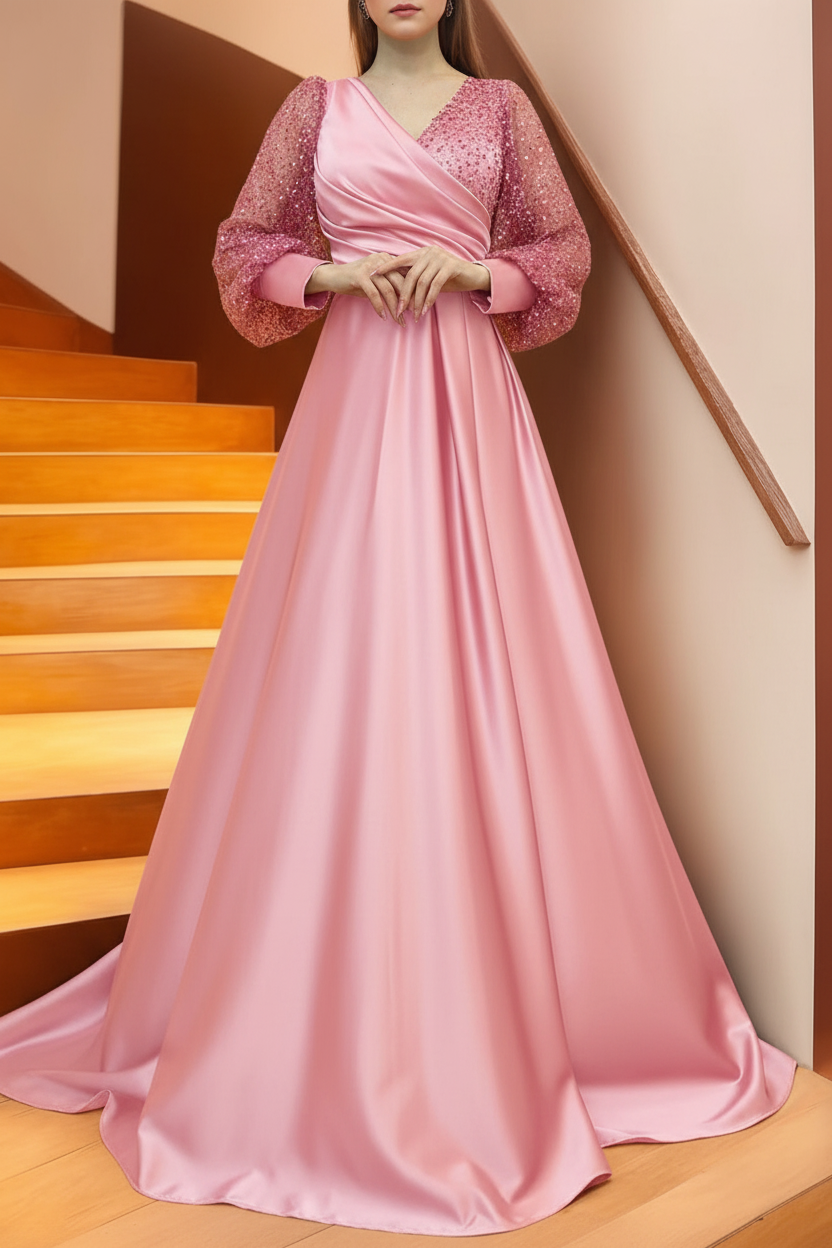 A Line/Princess V-Neck Long Sleeves Floor Length Long Mother of the Bride Dresses With Sequins & Ruffles