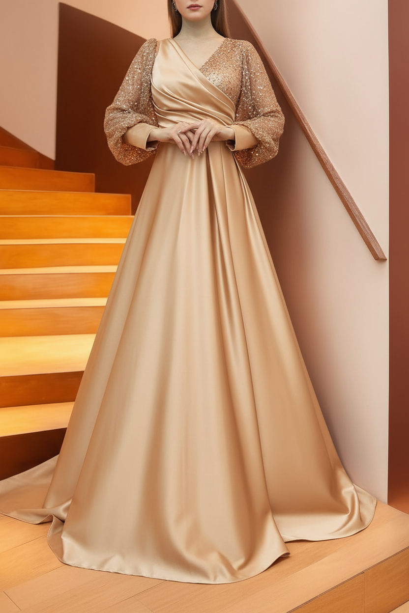 A Line/Princess V-Neck Long Sleeves Floor Length Long Mother of the Bride Dresses With Sequins & Ruffles