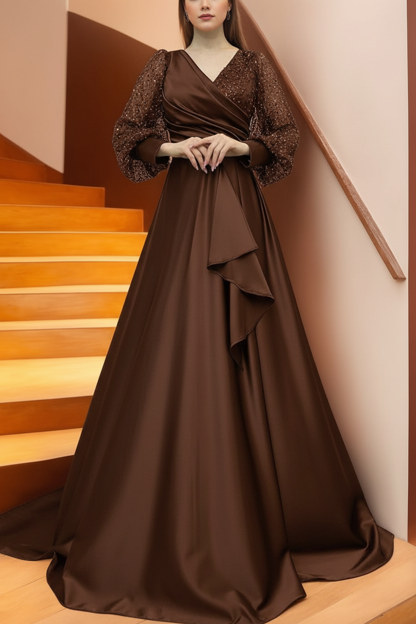 A Line/Princess V-Neck Long Sleeves Floor Length Long Mother of the Bride Dresses With Sequins & Ruffles
