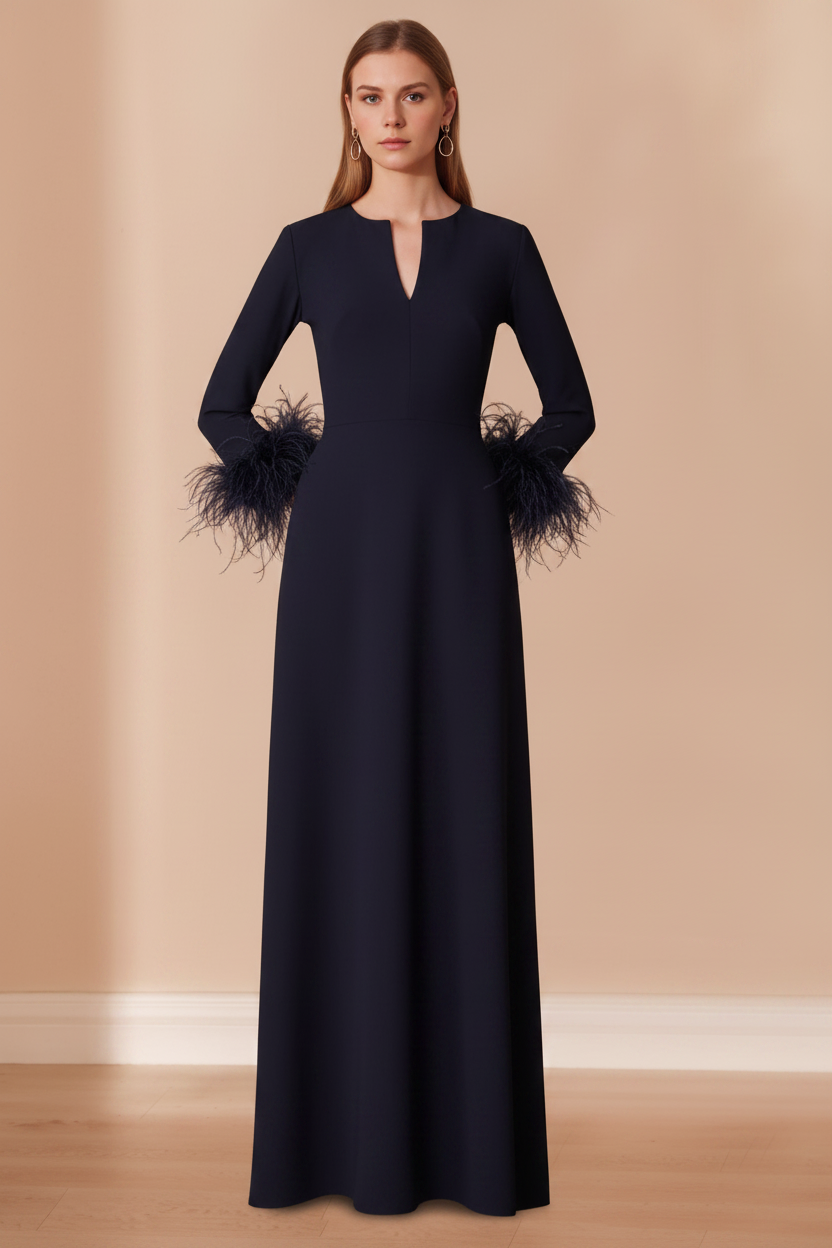 A-Line/Princess V-Neck Long Sleeves Floor-Length Mother of the Bride Dresses with Feathers