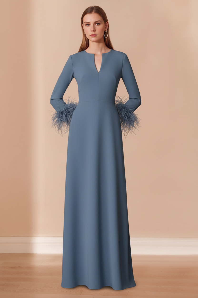 A-Line/Princess V-Neck Long Sleeves Floor-Length Mother of the Bride Dresses with Feathers