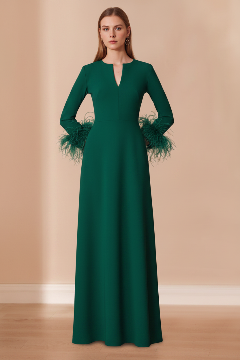 A-Line/Princess V-Neck Long Sleeves Floor-Length Mother of the Bride Dresses with Feathers