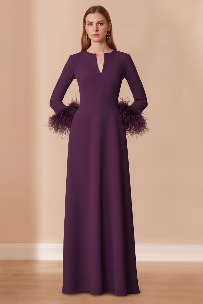A-Line/Princess V-Neck Long Sleeves Floor-Length Mother of the Bride Dresses with Feathers