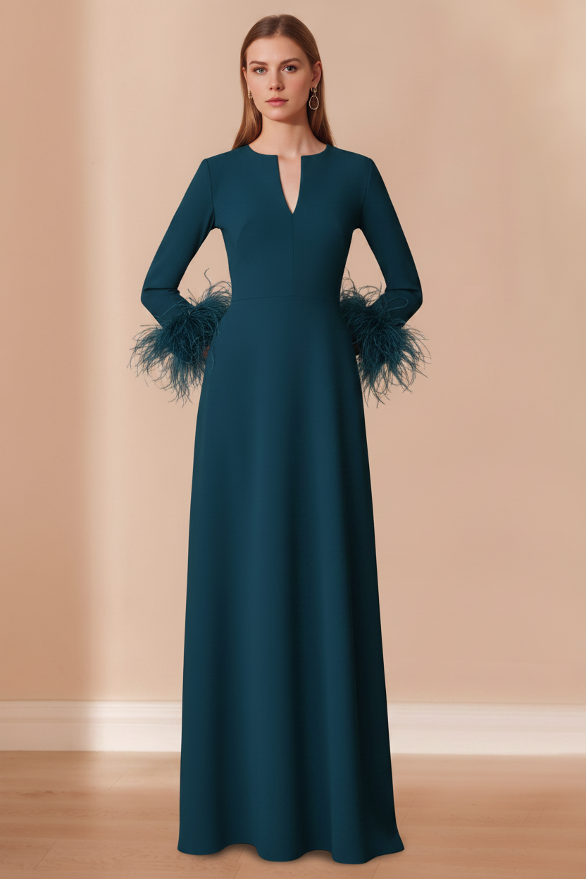 A-Line/Princess V-Neck Long Sleeves Floor-Length Mother of the Bride Dresses with Feathers