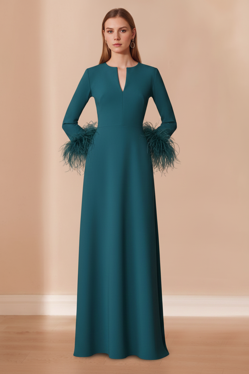 A-Line/Princess V-Neck Long Sleeves Floor-Length Mother of the Bride Dresses with Feathers