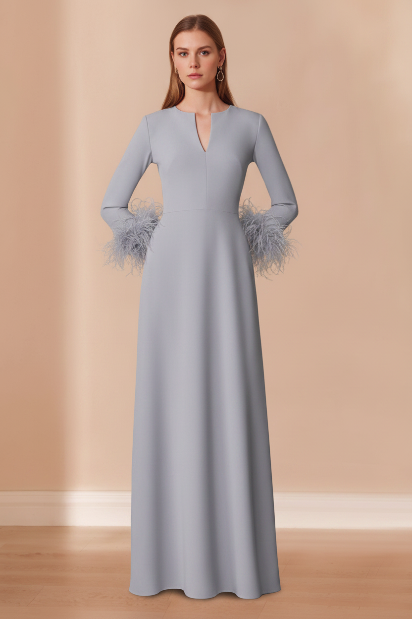A-Line/Princess V-Neck Long Sleeves Floor-Length Mother of the Bride Dresses with Feathers
