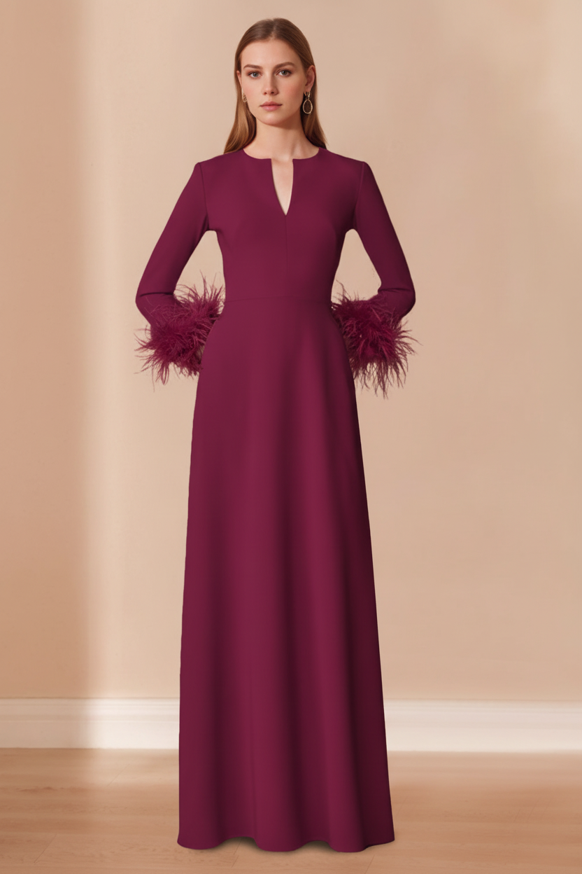 A-Line/Princess V-Neck Long Sleeves Floor-Length Mother of the Bride Dresses with Feathers