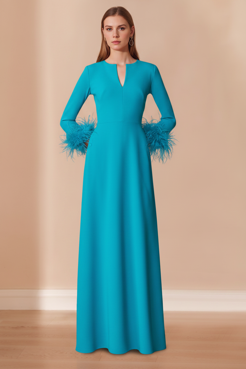 A-Line/Princess V-Neck Long Sleeves Floor-Length Mother of the Bride Dresses with Feathers