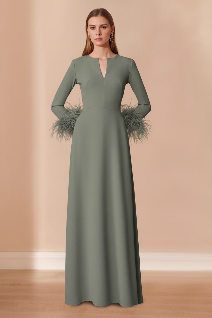 A-Line/Princess V-Neck Long Sleeves Floor-Length Mother of the Bride Dresses with Feathers