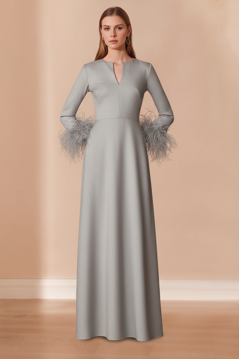 A-Line/Princess V-Neck Long Sleeves Floor-Length Mother of the Bride Dresses with Feathers