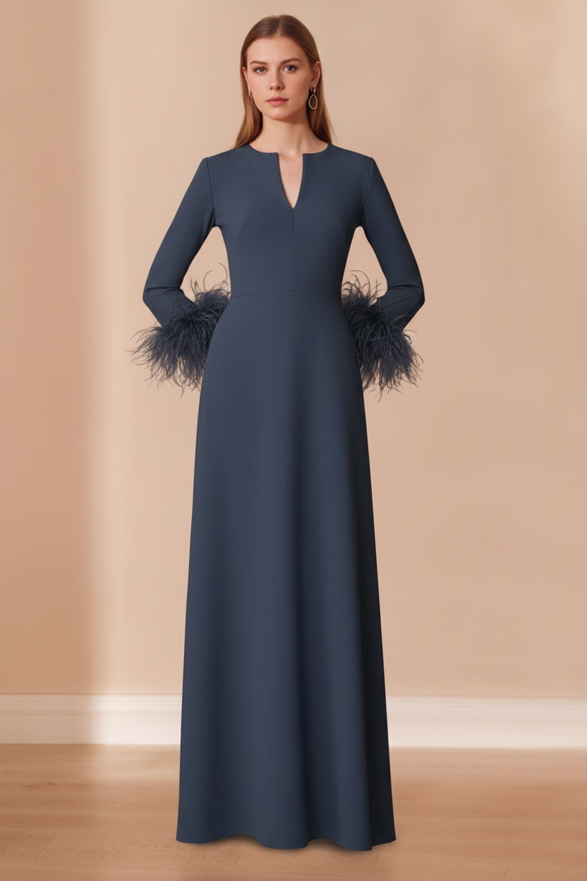 A-Line/Princess V-Neck Long Sleeves Floor-Length Mother of the Bride Dresses with Feathers