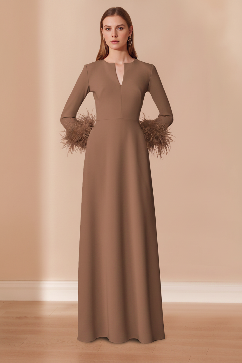 A-Line/Princess V-Neck Long Sleeves Floor-Length Mother of the Bride Dresses with Feathers