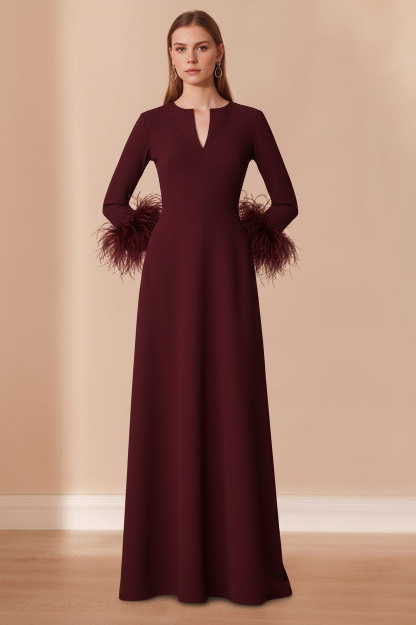 A-Line/Princess V-Neck Long Sleeves Floor-Length Mother of the Bride Dresses with Feathers