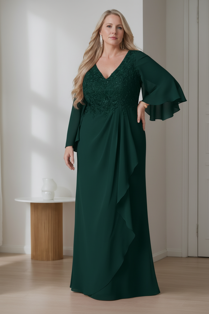 A-Line/Princess V-Neck Long Sleeves Floor-Length Plus Size Mother of the Bride Dresses with Ruffles