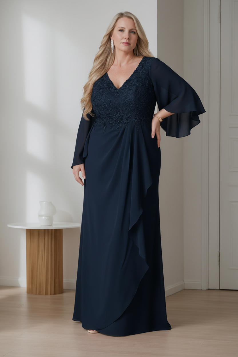 A-Line/Princess V-Neck Long Sleeves Floor-Length Plus Size Mother of the Bride Dresses with Ruffles