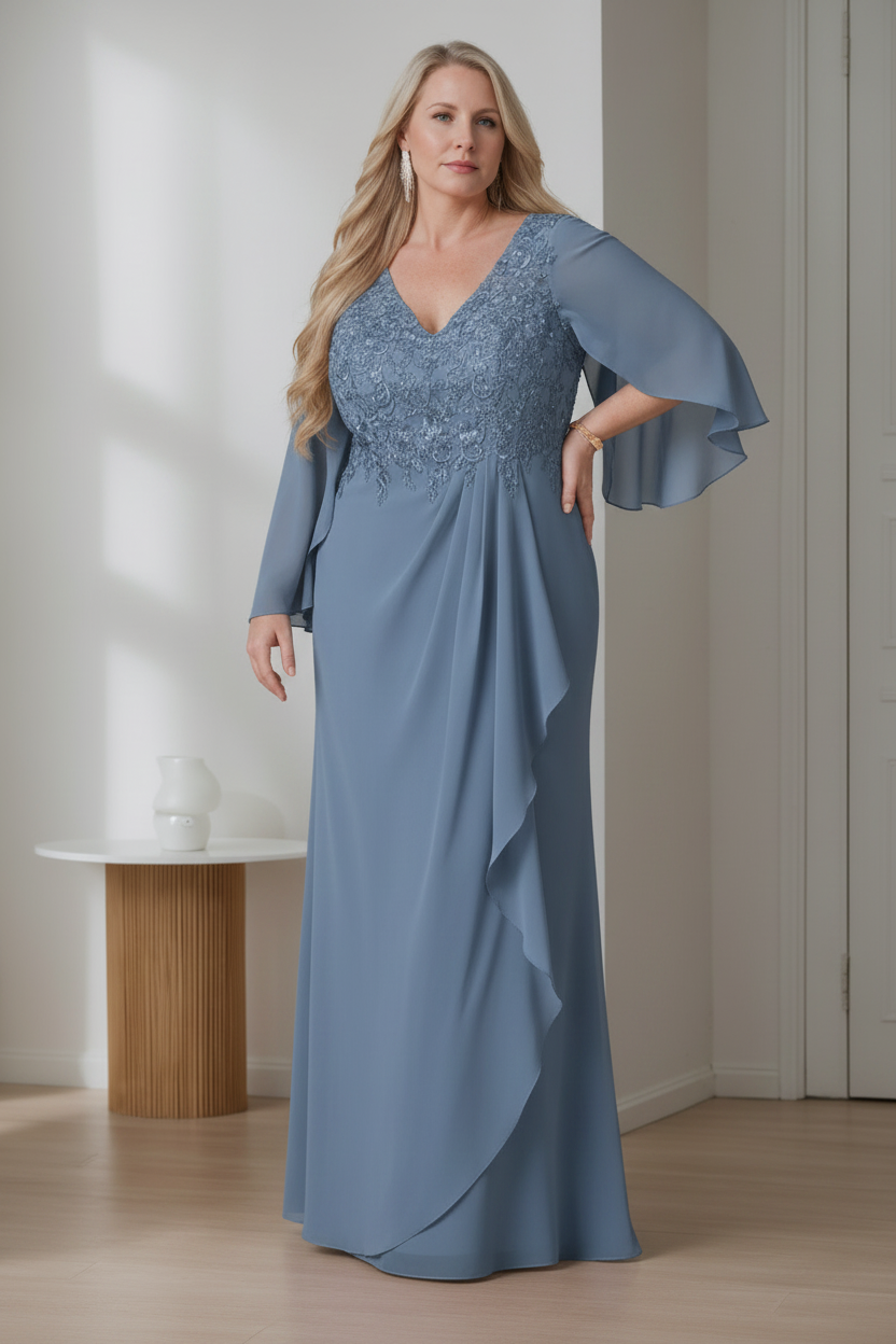 A-Line/Princess V-Neck Long Sleeves Floor-Length Plus Size Mother of the Bride Dresses with Ruffles