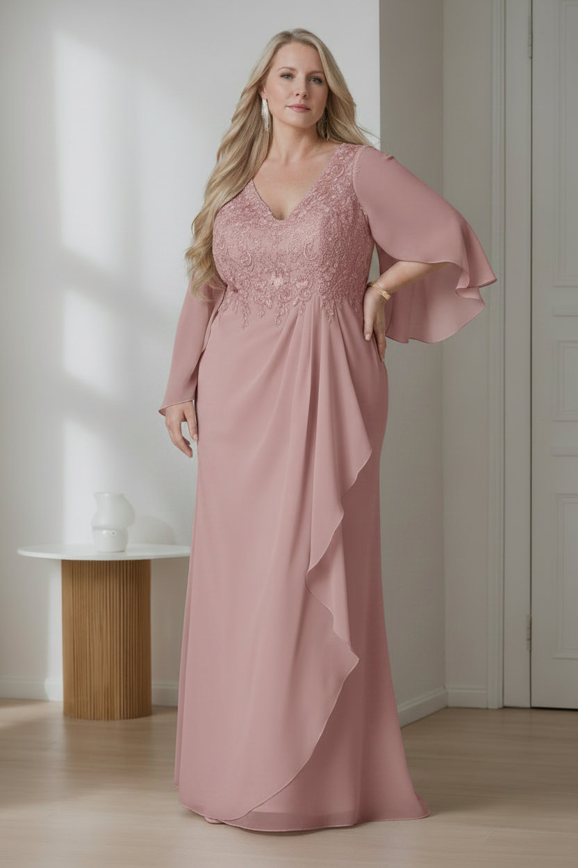 A-Line/Princess V-Neck Long Sleeves Floor-Length Plus Size Mother of the Bride Dresses with Ruffles
