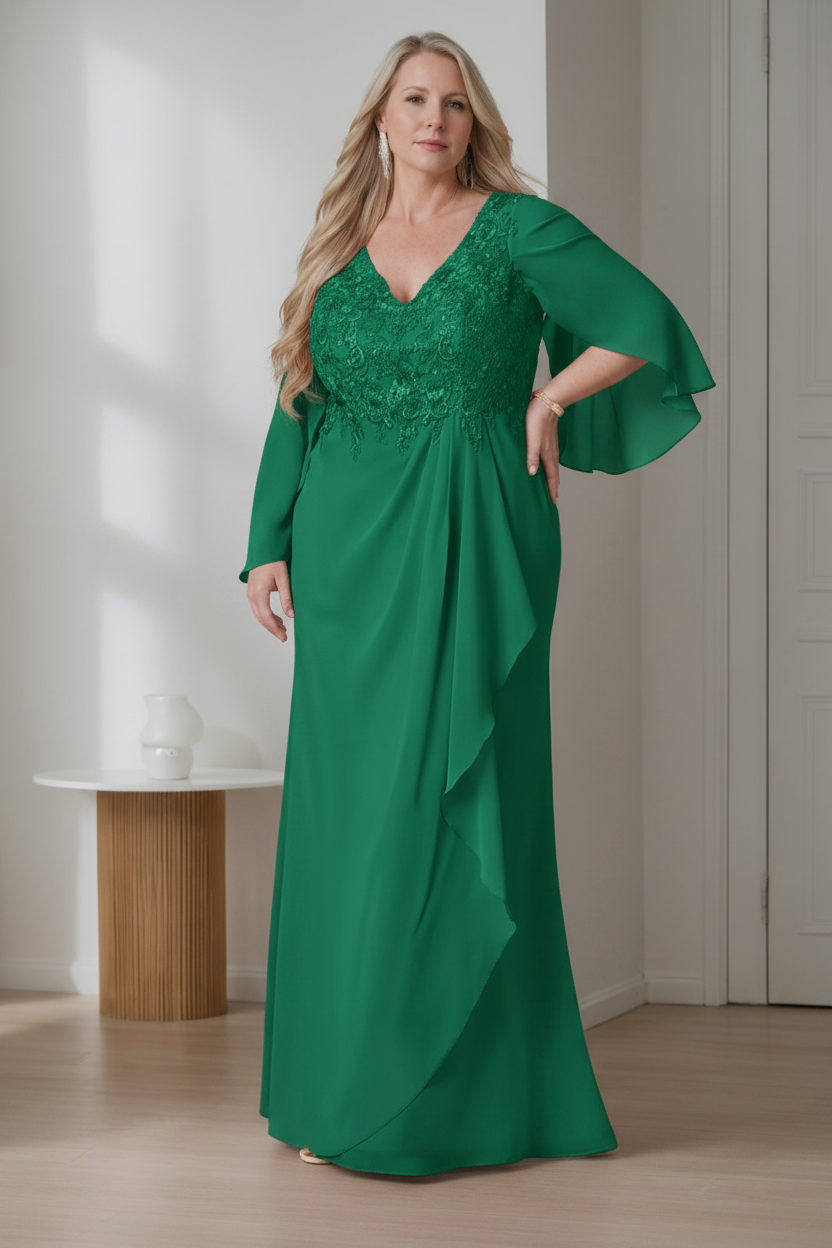 A-Line/Princess V-Neck Long Sleeves Floor-Length Plus Size Mother of the Bride Dresses with Ruffles
