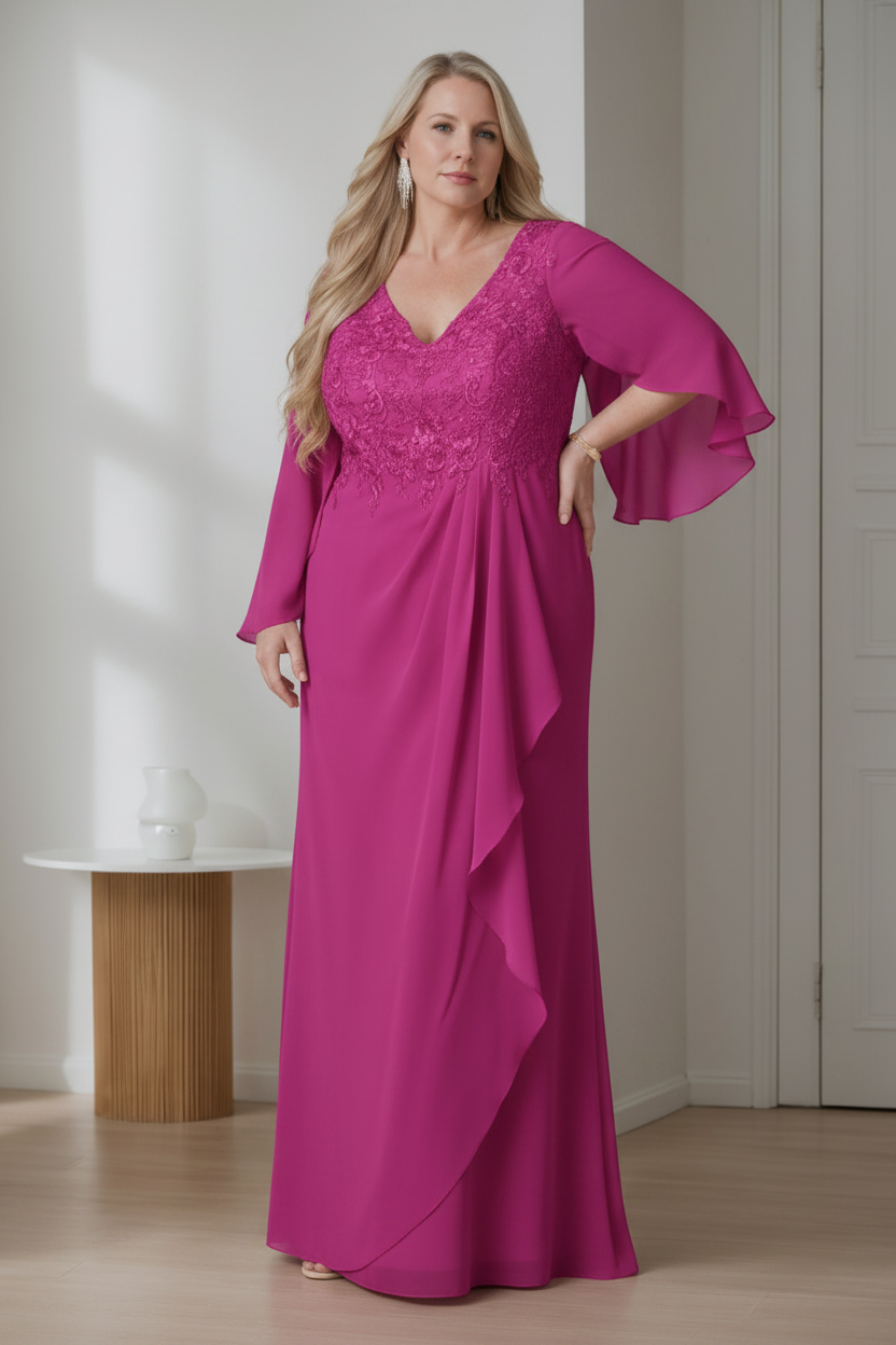A-Line/Princess V-Neck Long Sleeves Floor-Length Plus Size Mother of the Bride Dresses with Ruffles