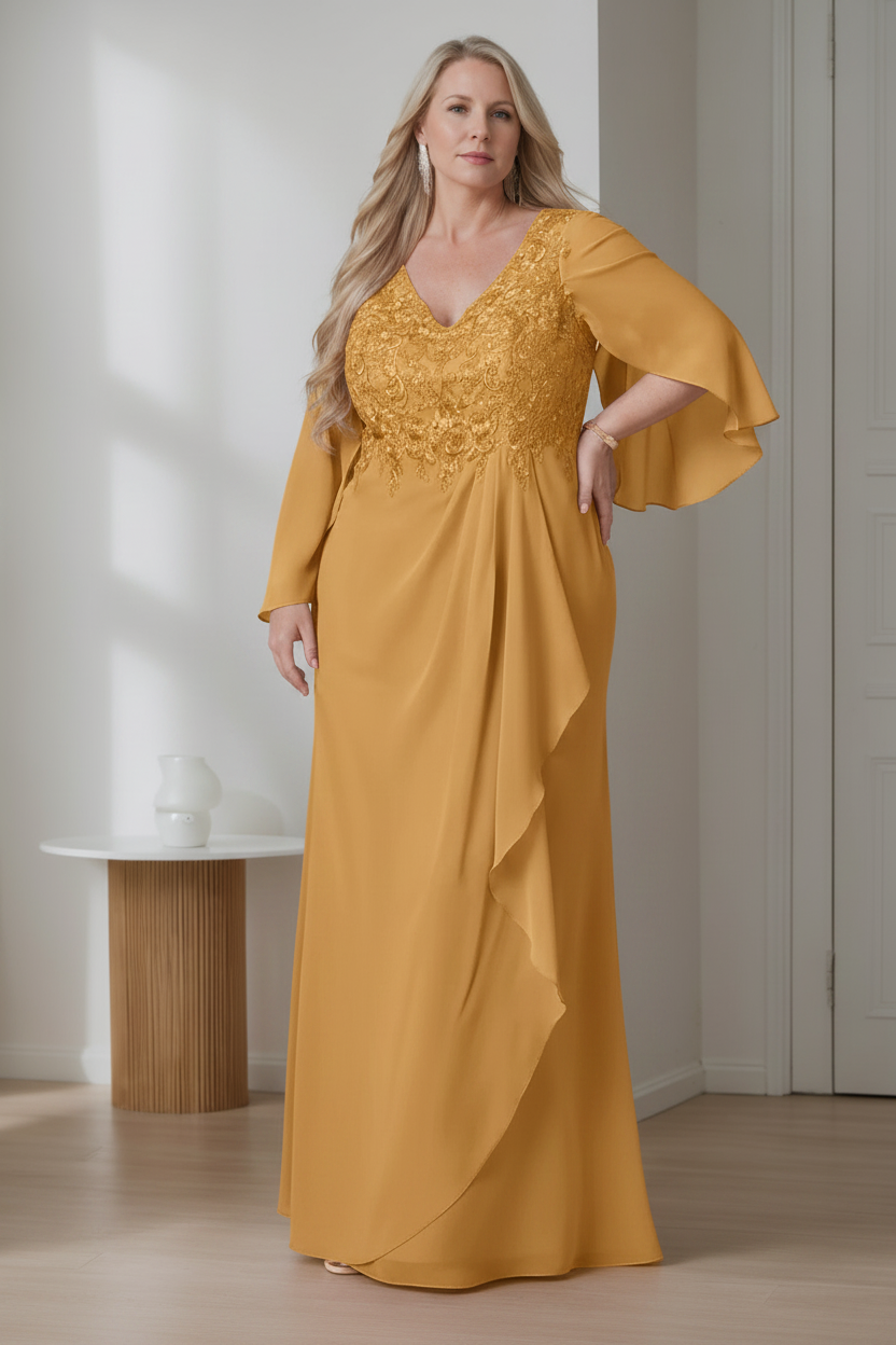 A-Line/Princess V-Neck Long Sleeves Floor-Length Plus Size Mother of the Bride Dresses with Ruffles