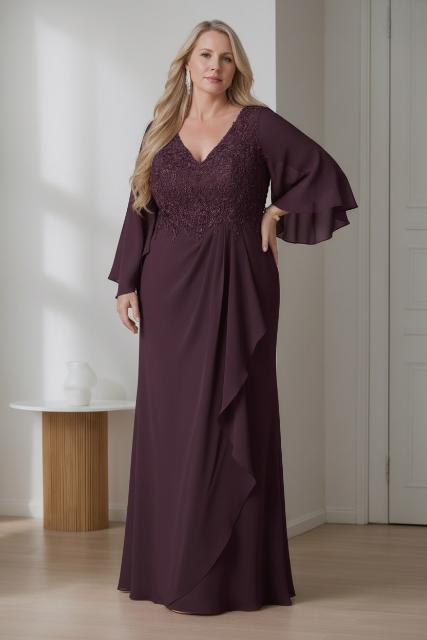 A-Line/Princess V-Neck Long Sleeves Floor-Length Plus Size Mother of the Bride Dresses with Ruffles