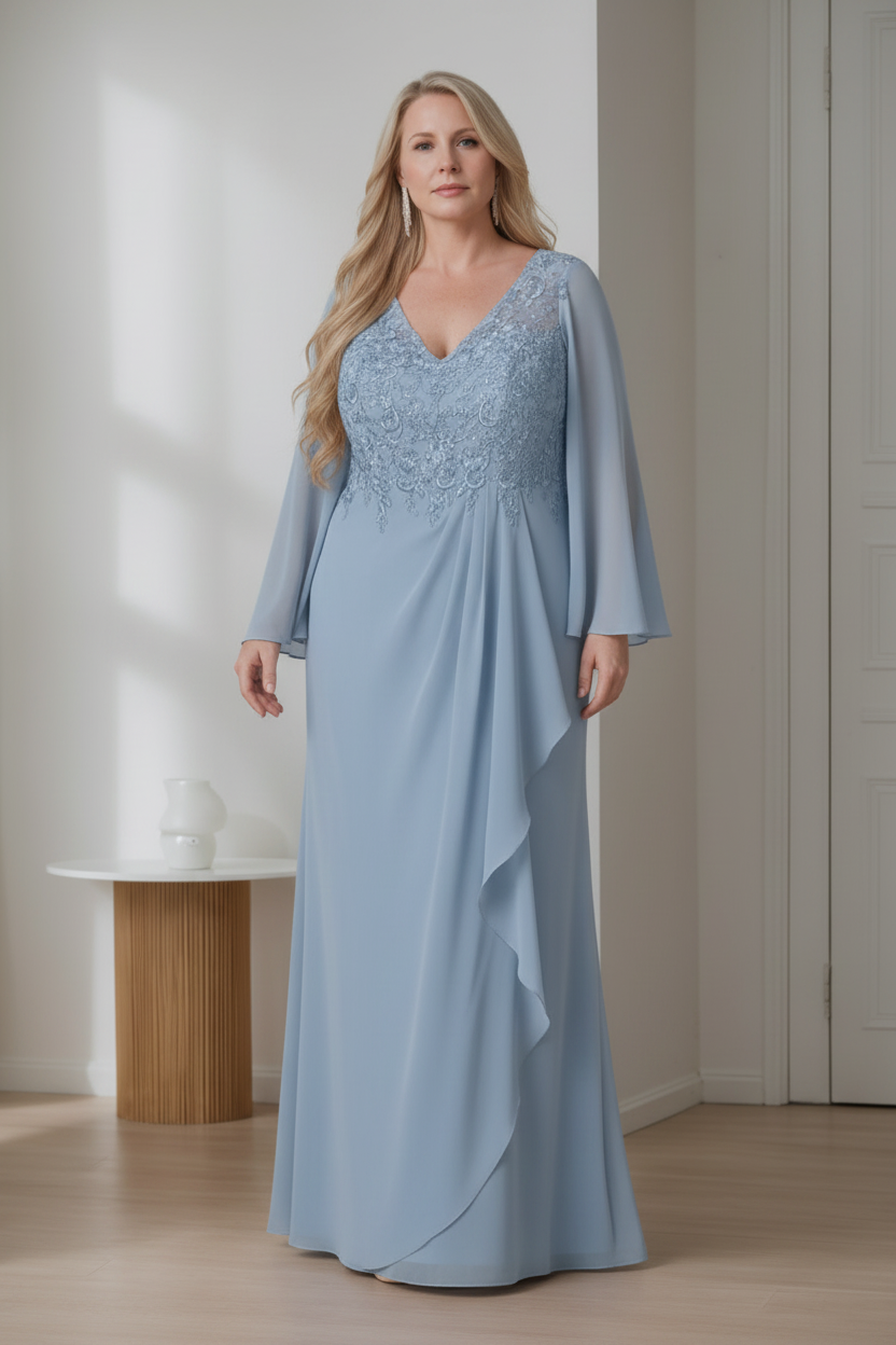 A-Line/Princess V-Neck Long Sleeves Floor-Length Plus Size Mother of the Bride Dresses with Ruffles