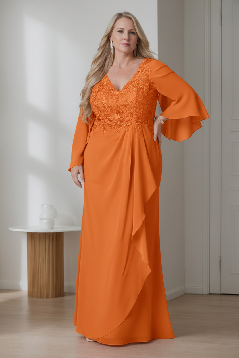 A-Line/Princess V-Neck Long Sleeves Floor-Length Plus Size Mother of the Bride Dresses with Ruffles
