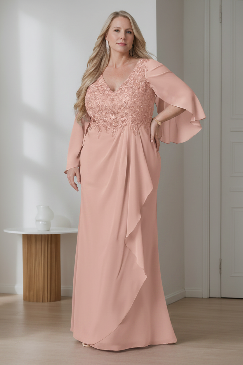 A-Line/Princess V-Neck Long Sleeves Floor-Length Plus Size Mother of the Bride Dresses with Ruffles
