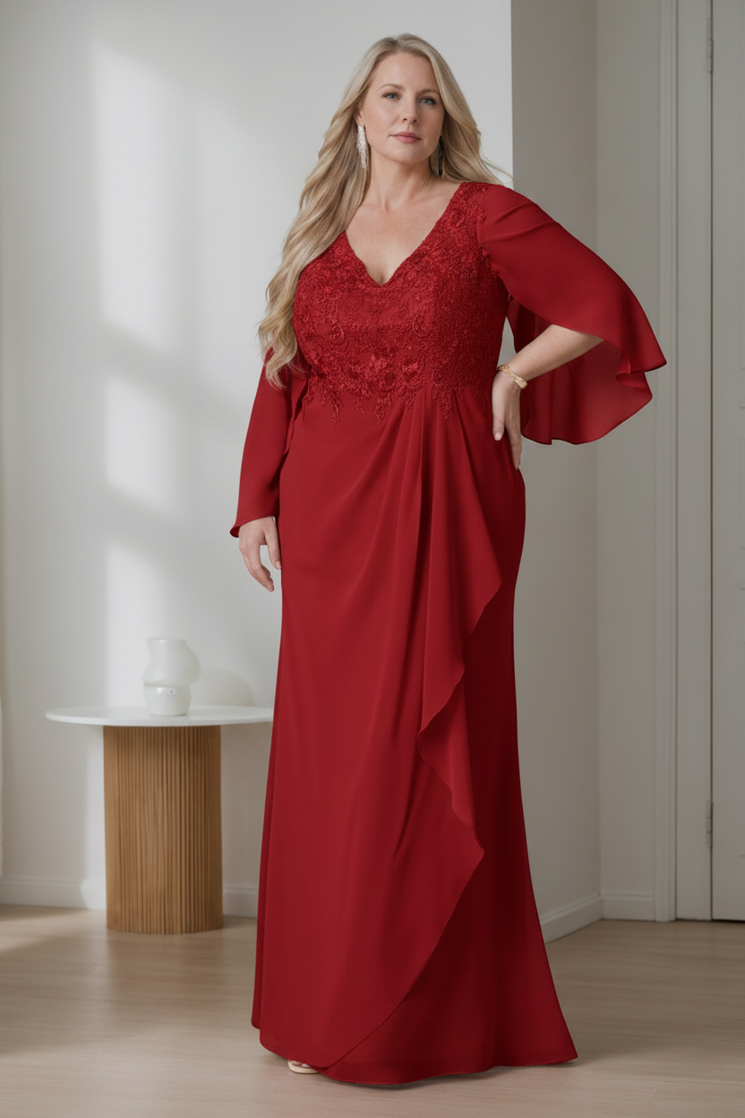 A-Line/Princess V-Neck Long Sleeves Floor-Length Plus Size Mother of the Bride Dresses with Ruffles