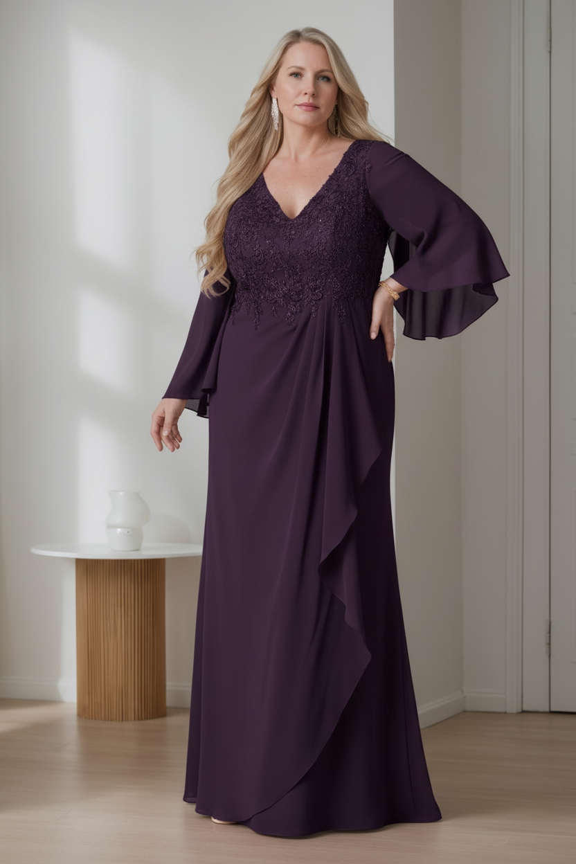 A-Line/Princess V-Neck Long Sleeves Floor-Length Plus Size Mother of the Bride Dresses with Ruffles
