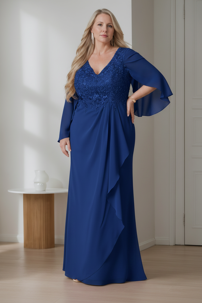 A-Line/Princess V-Neck Long Sleeves Floor-Length Plus Size Mother of the Bride Dresses with Ruffles