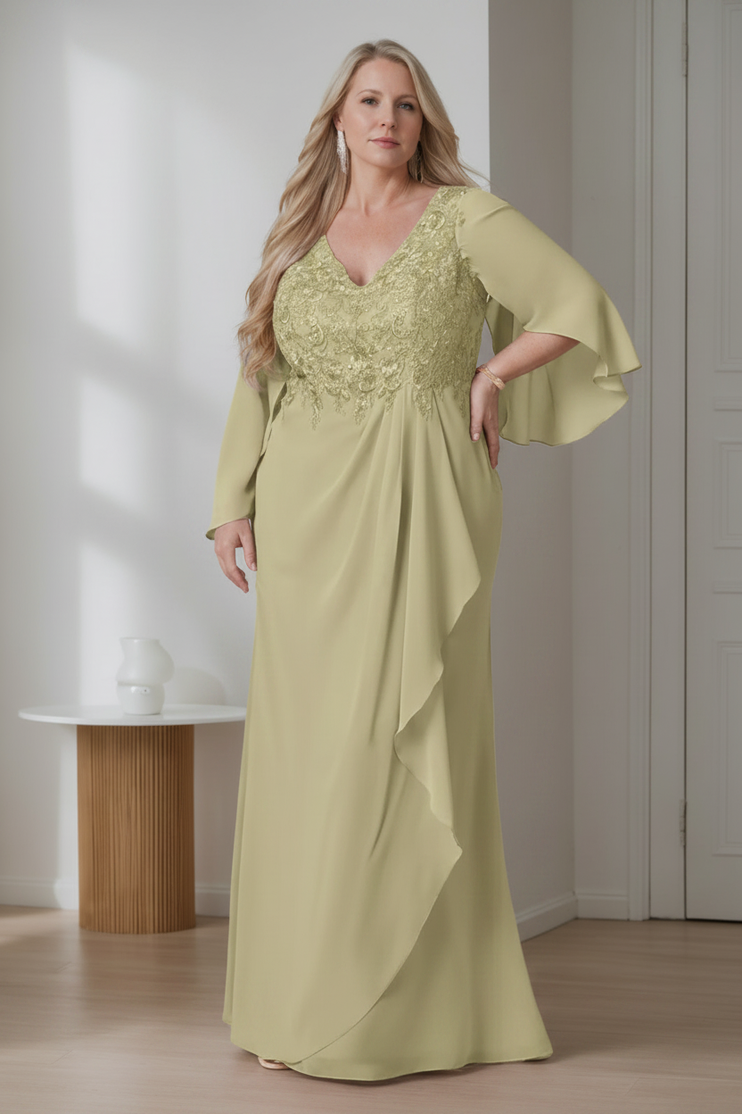 A-Line/Princess V-Neck Long Sleeves Floor-Length Plus Size Mother of the Bride Dresses with Ruffles