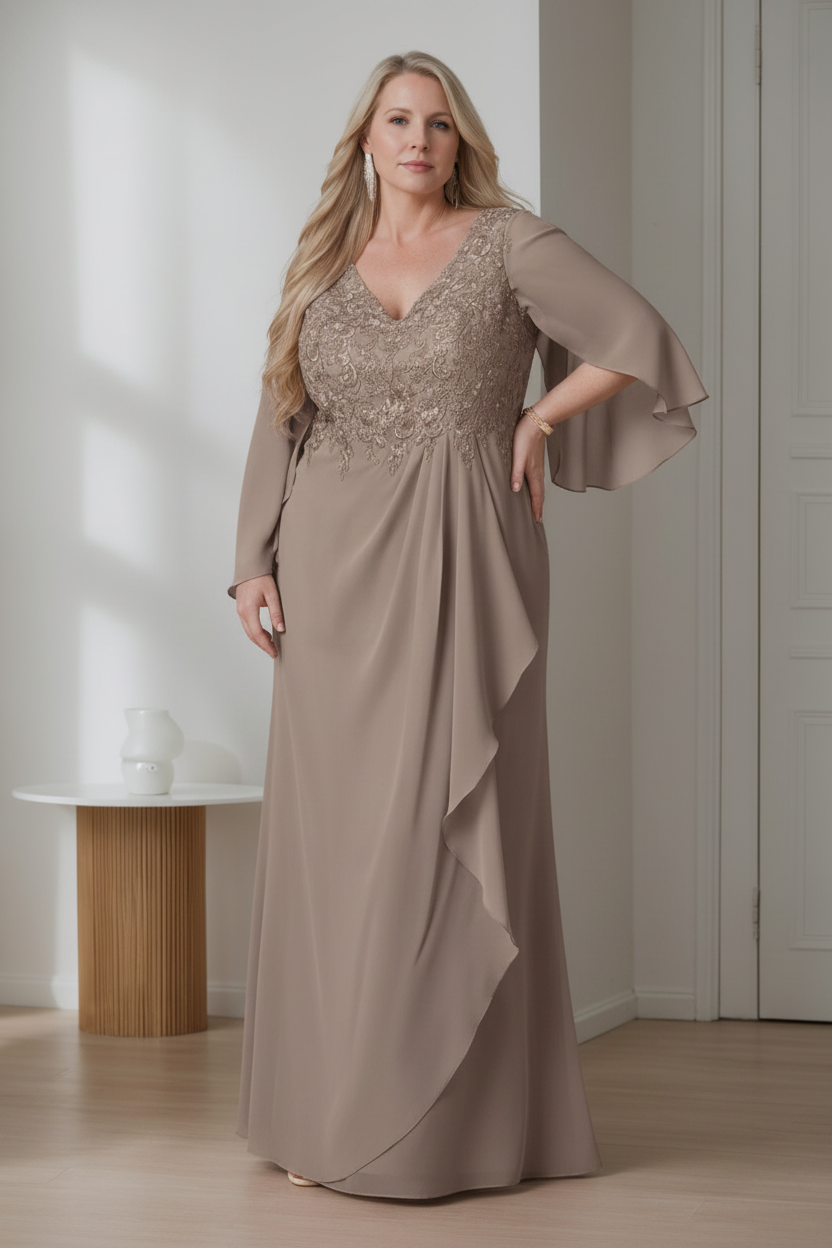 A-Line/Princess V-Neck Long Sleeves Floor-Length Plus Size Mother of the Bride Dresses with Ruffles