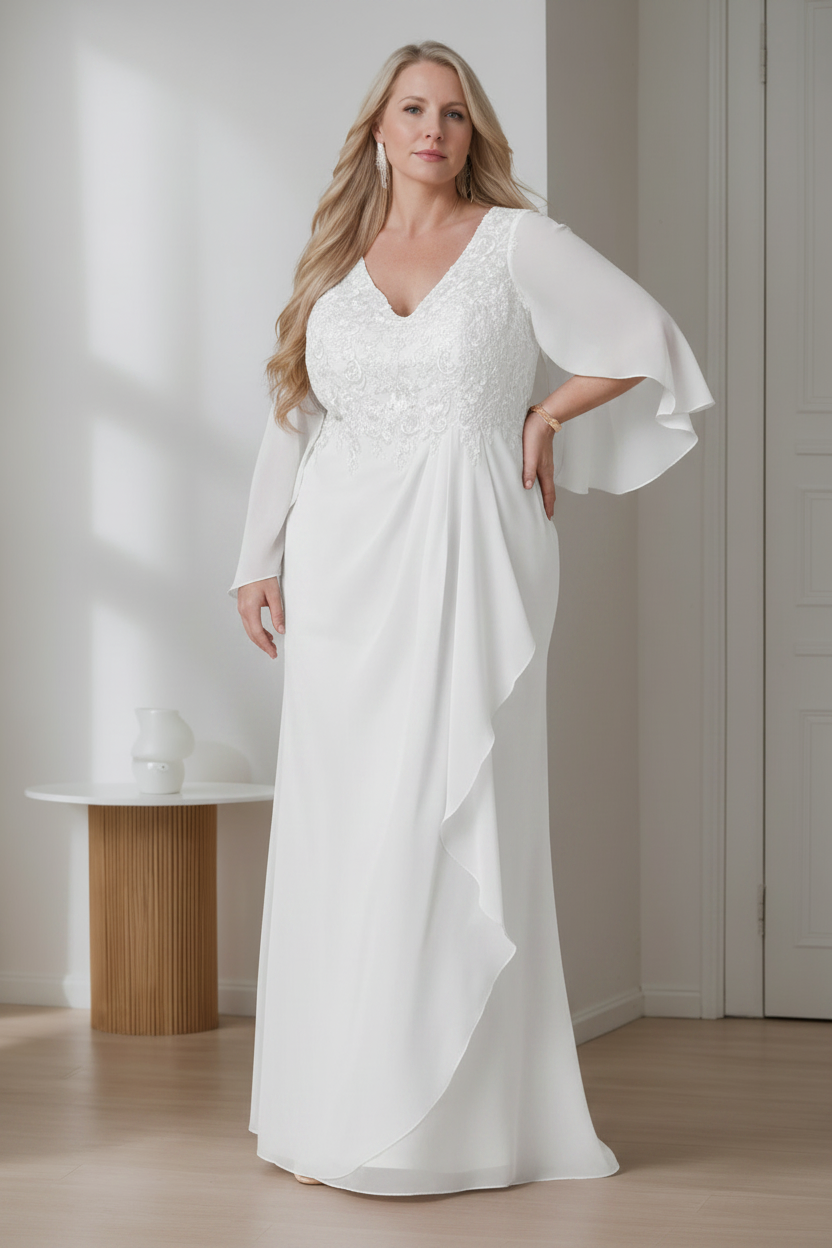 A-Line/Princess V-Neck Long Sleeves Floor-Length Plus Size Mother of the Bride Dresses with Ruffles