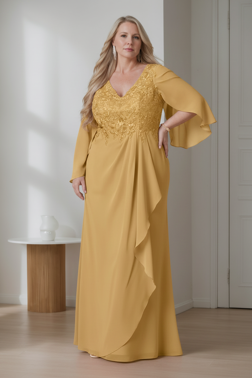 A-Line/Princess V-Neck Long Sleeves Floor-Length Plus Size Mother of the Bride Dresses with Ruffles