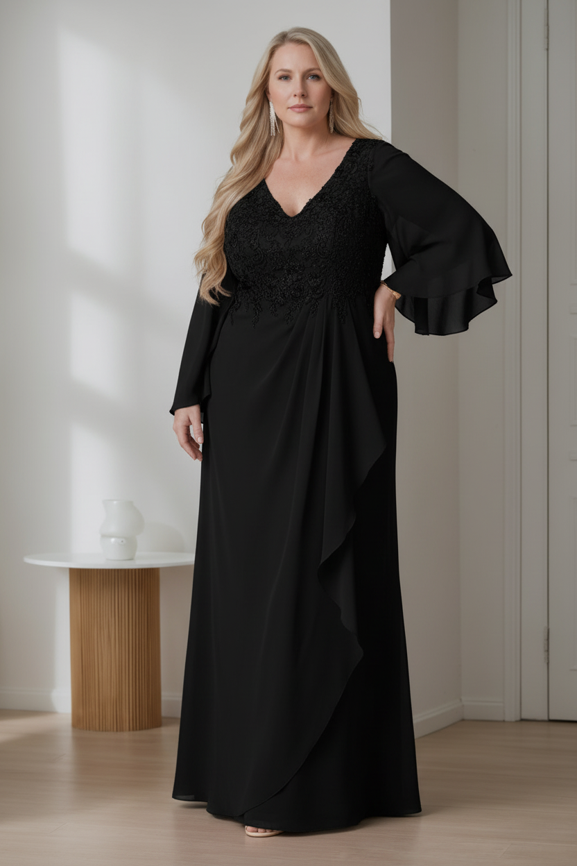 A-Line/Princess V-Neck Long Sleeves Floor-Length Plus Size Mother of the Bride Dresses with Ruffles