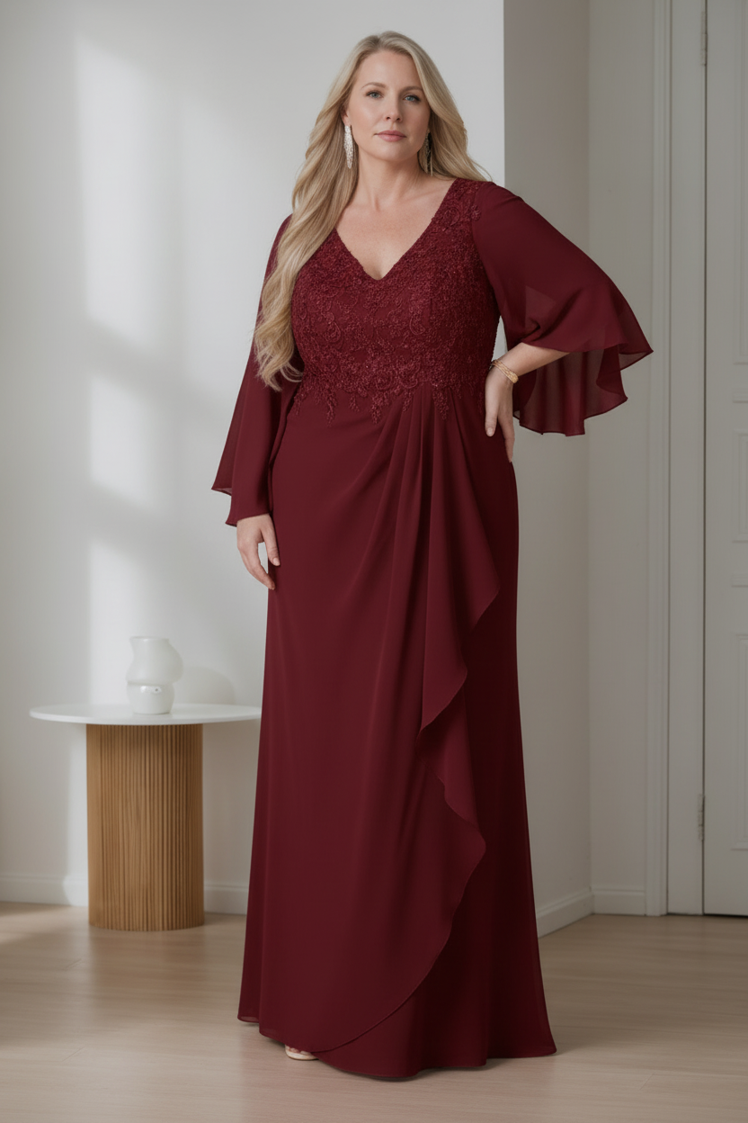 A-Line/Princess V-Neck Long Sleeves Floor-Length Plus Size Mother of the Bride Dresses with Ruffles