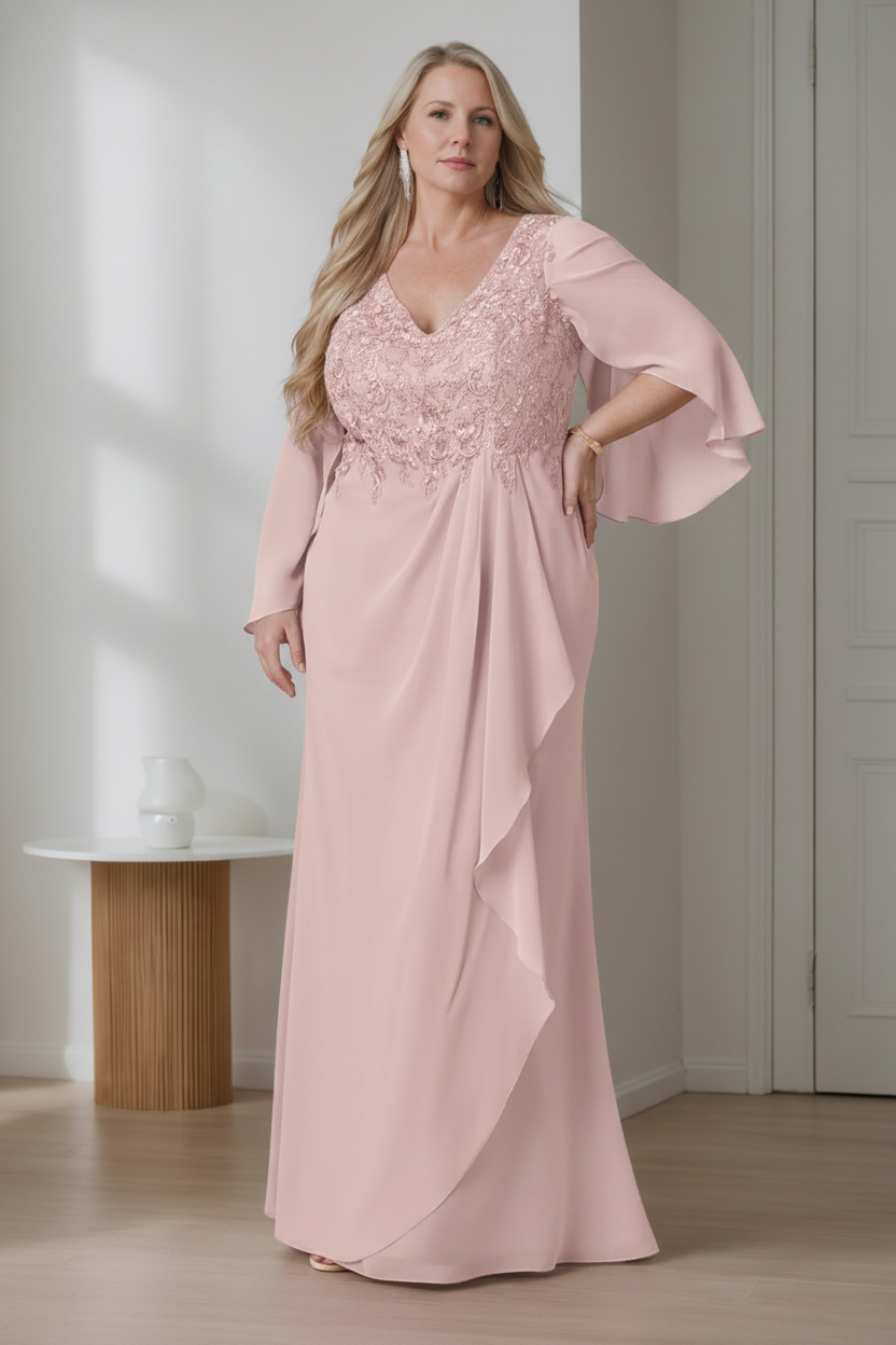 A-Line/Princess V-Neck Long Sleeves Floor-Length Plus Size Mother of the Bride Dresses with Ruffles