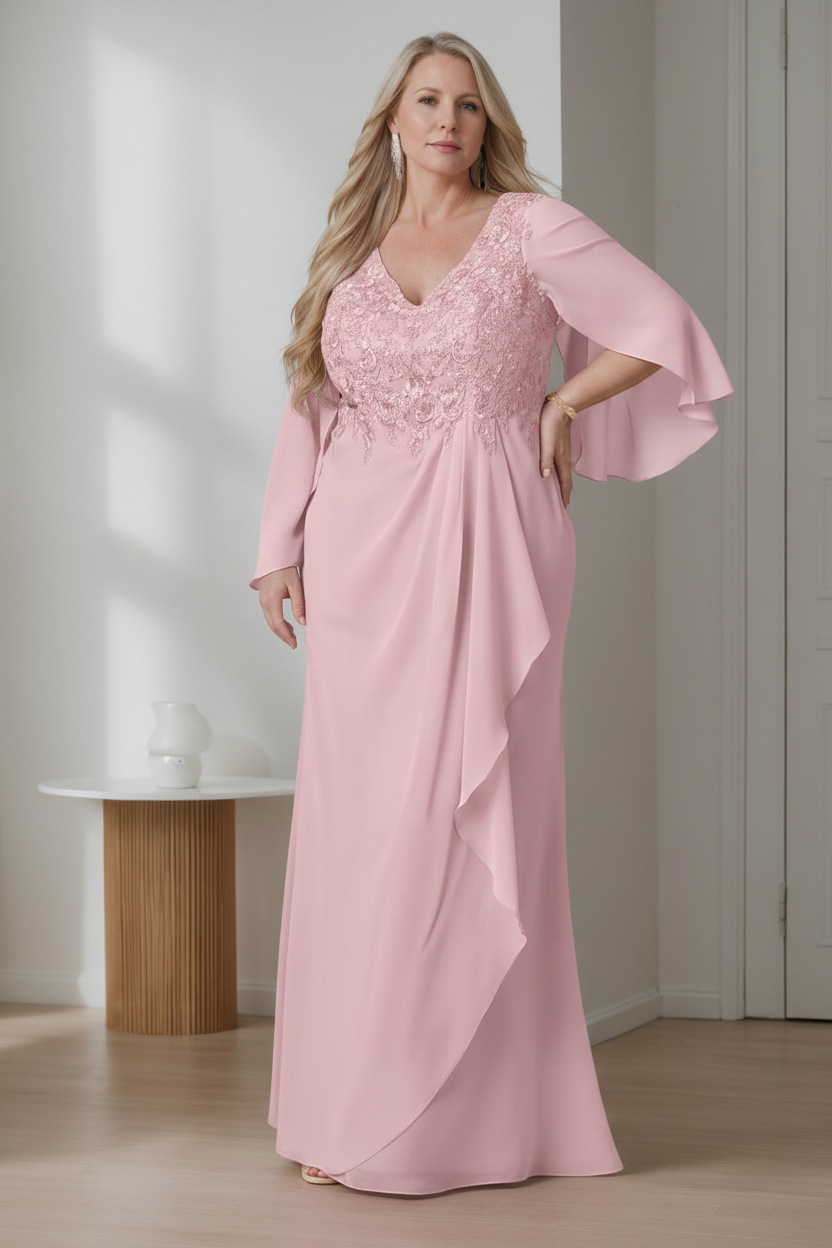 A-Line/Princess V-Neck Long Sleeves Floor-Length Plus Size Mother of the Bride Dresses with Ruffles