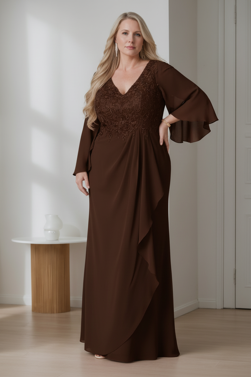 A-Line/Princess V-Neck Long Sleeves Floor-Length Plus Size Mother of the Bride Dresses with Ruffles