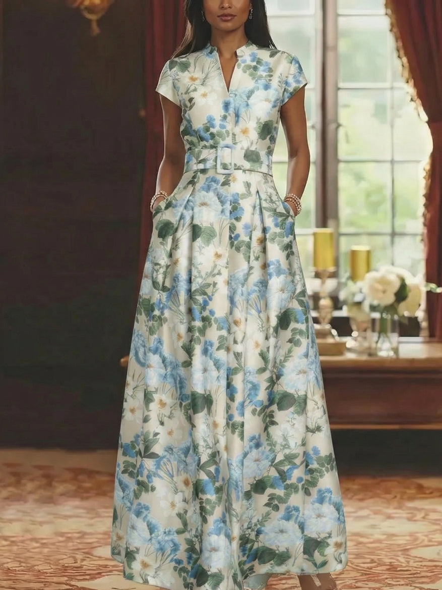 A-Line/Princess V-Neck Mother of the Bride Dresses Printed Satin Short Sleeves Floral Floor-Length
