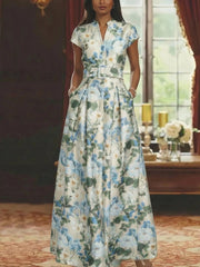 A-Line/Princess V-Neck Mother of the Bride Dresses Printed Satin Short Sleeves Floral Floor-Length